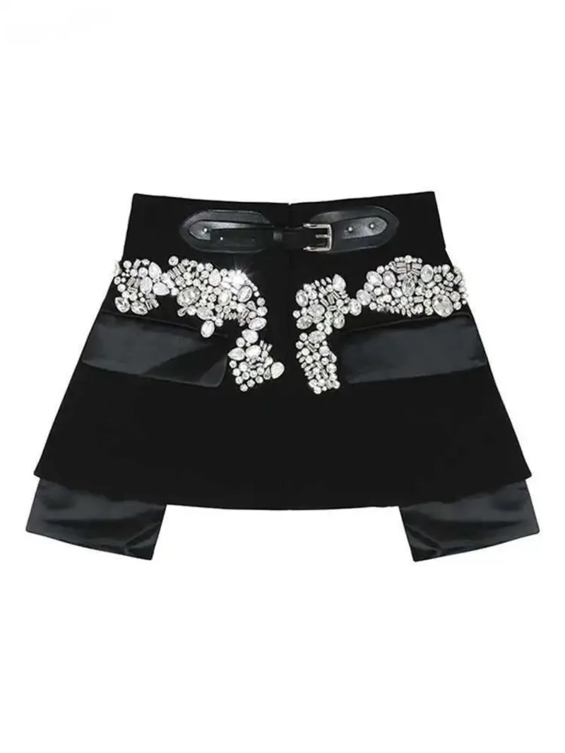 2024 Women's Fashion Bead Patchwork PU Leather Girdle Temperament Streetwear Above Knee Black Skirt Autumn Female New 9I23