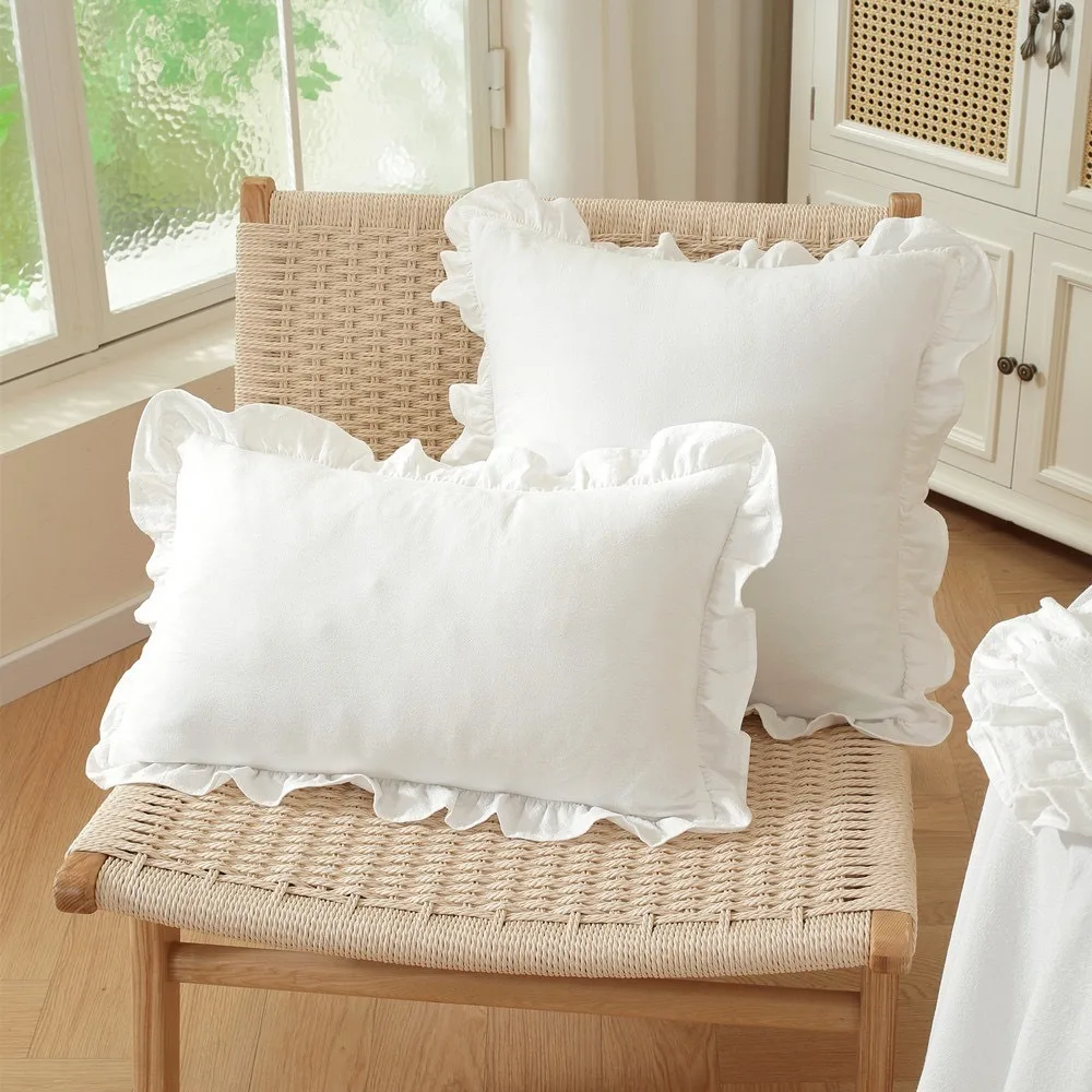 Soft Cotton Throw Pillow Cover Plaid Print Lotus Leaf Skirt Edge Ruffled Edge Pillowcase Solid Color Comfortable