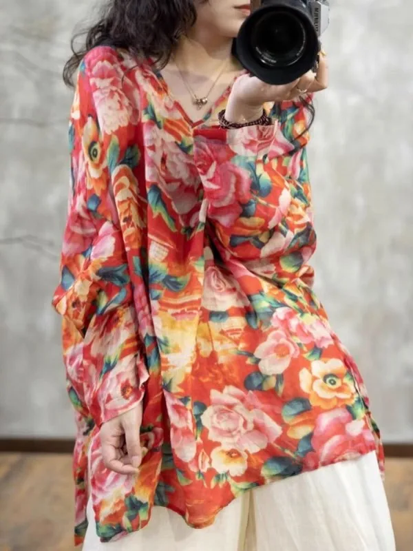 

Large Size Women's irt Spring Commute Sle V-Ne Printed Top Korean Japanese Brand Faionable Age-Defng Springwear