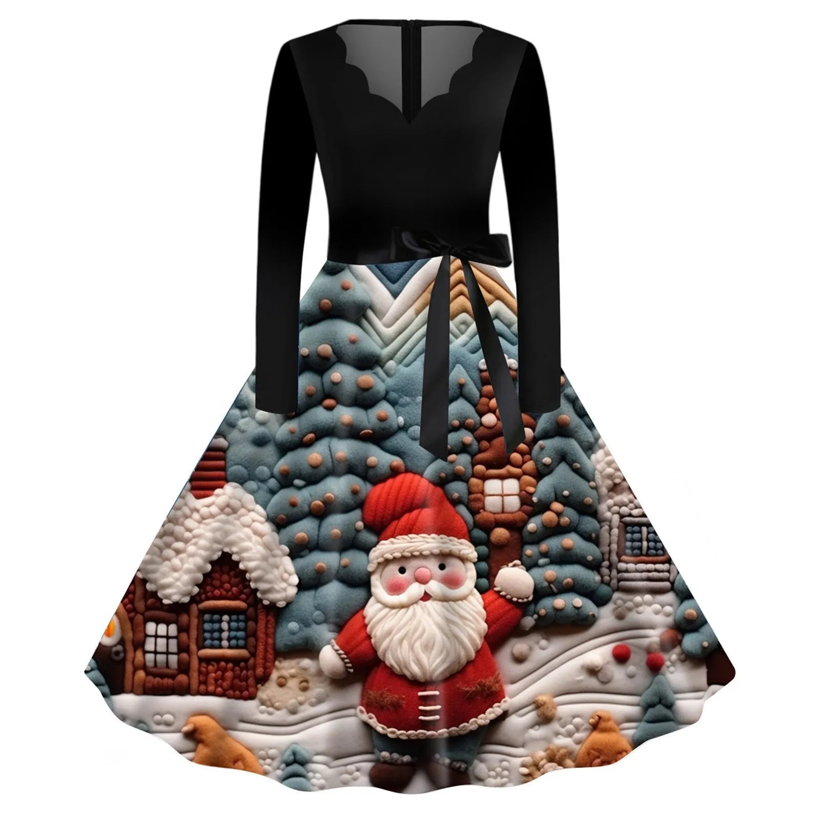 Robe de Soirée de Noël Élégante en Peluche, Patchwork, Dessin Animé, Impression 3D, Batterie, Tendance d'Hiver, Slim, Bal, Col en V, Longue, Verte