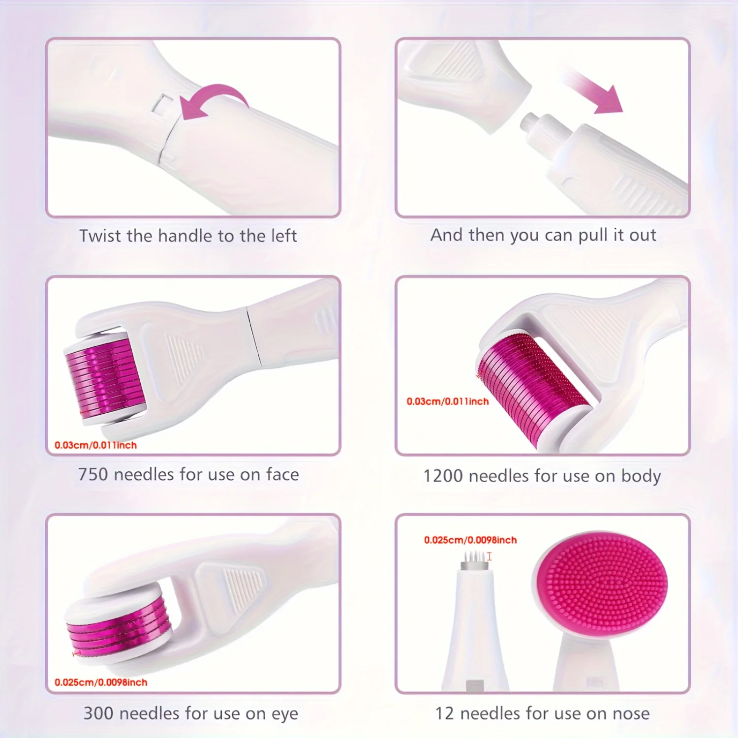 6 In 1 Derma Roller Kit For Face And Body - 0.25mm And 0.3mm Micro Needle Dermaroller With 5 Replaceable Heads,  Case And Disinf