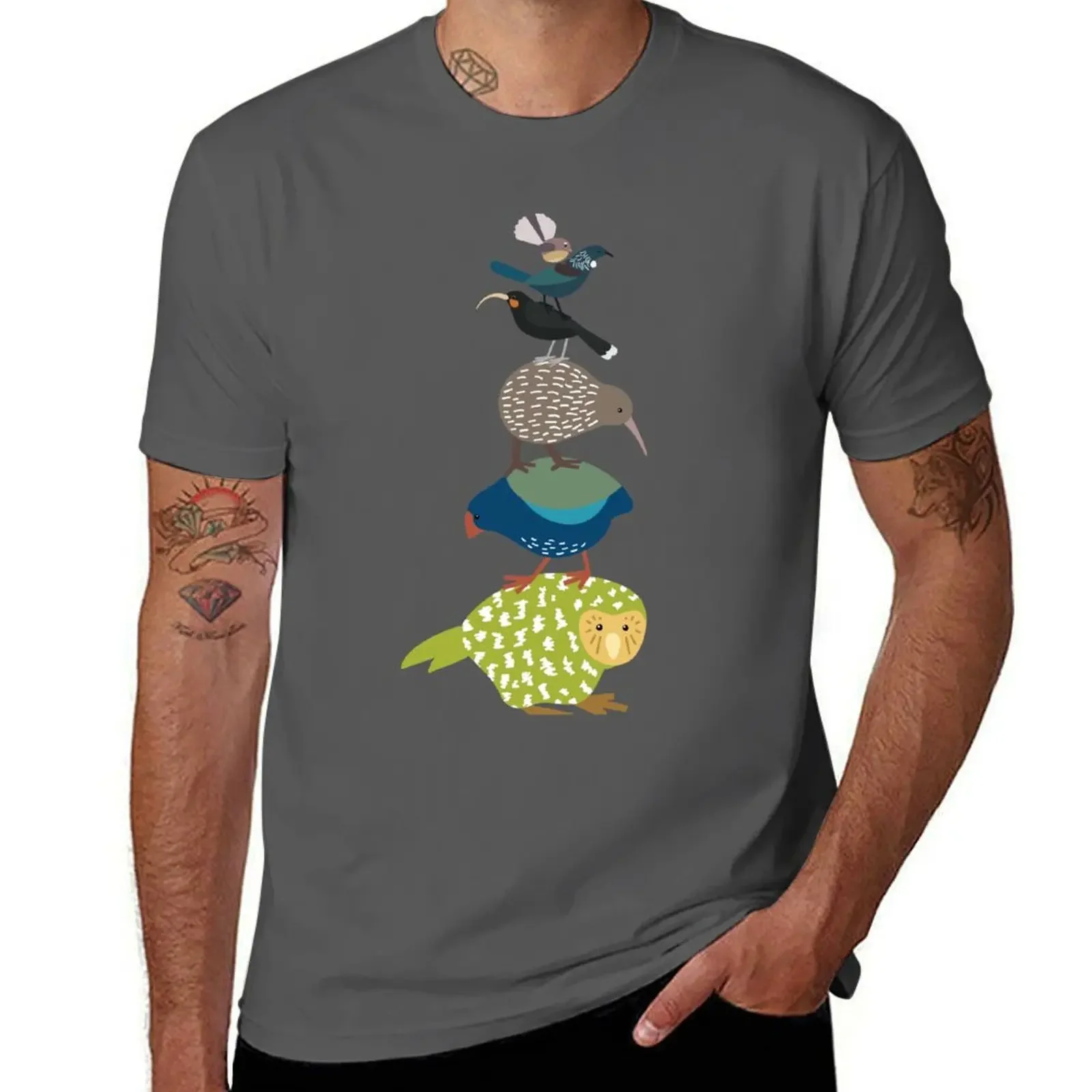 Stacked Birds Of New Zealand - Kiwi, Kakapo, Tui, Fanatail, Kaka, Kea T-Shirt blue archive cheap stuff mens workout shirts