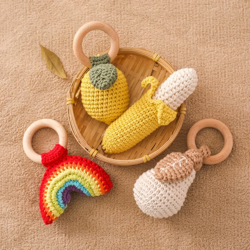 

Baby Crochet Rattle Wooden Ring Fruit Pendants Teether Toys Infant Play Gym Toys Fitness Rack Accessories Baby Montessori Toys