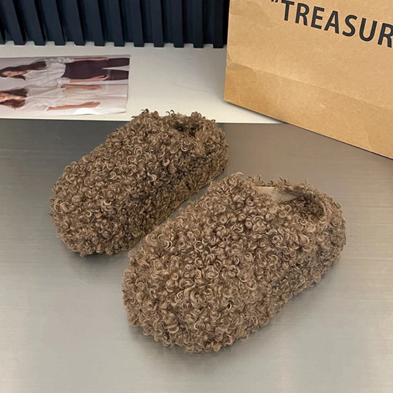 Vrouwen Pluizige Slippers Dikke Zool Buitenshuis Mode Katoen Slippers Winter Nieuwe Koreaanse Platform Warme Vrouwen Schoenen Thuis Platte Glijbanen