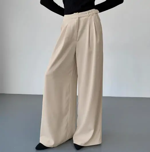 Pocket Spring and Summer Trousers Casual Khaki Versatile Loose High Waist Wide Leg Pants Retro Fashion Commuting Pants for Women