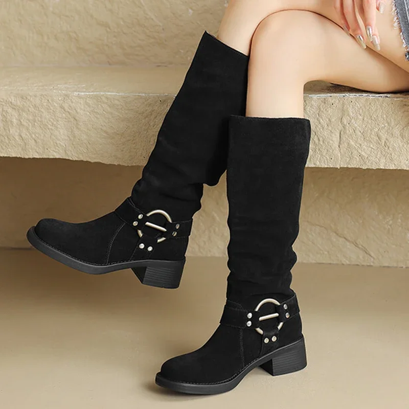 JOZHAMTA Size 34-40 Popular Western Women Knee-High Boots Cow Suede Leather High Shoes Woman Office Lady Autumn Winter Boots