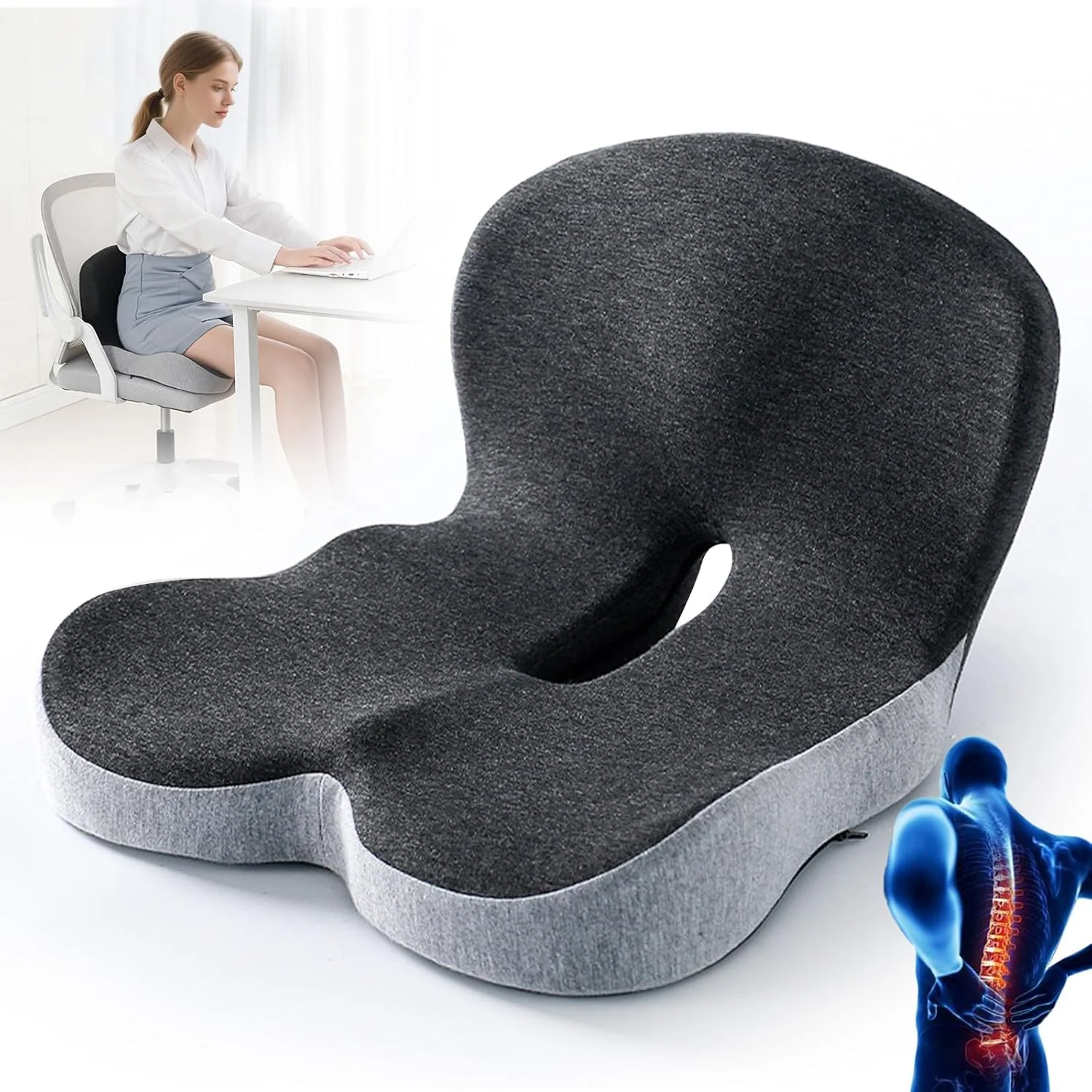 1 coussin de siège en mousse à mémoire de forme antidérapant pour soulager la douleur du coccyx, de la sciatique et du dos, confort pour chaise, siège de voiture, coussin lombaire