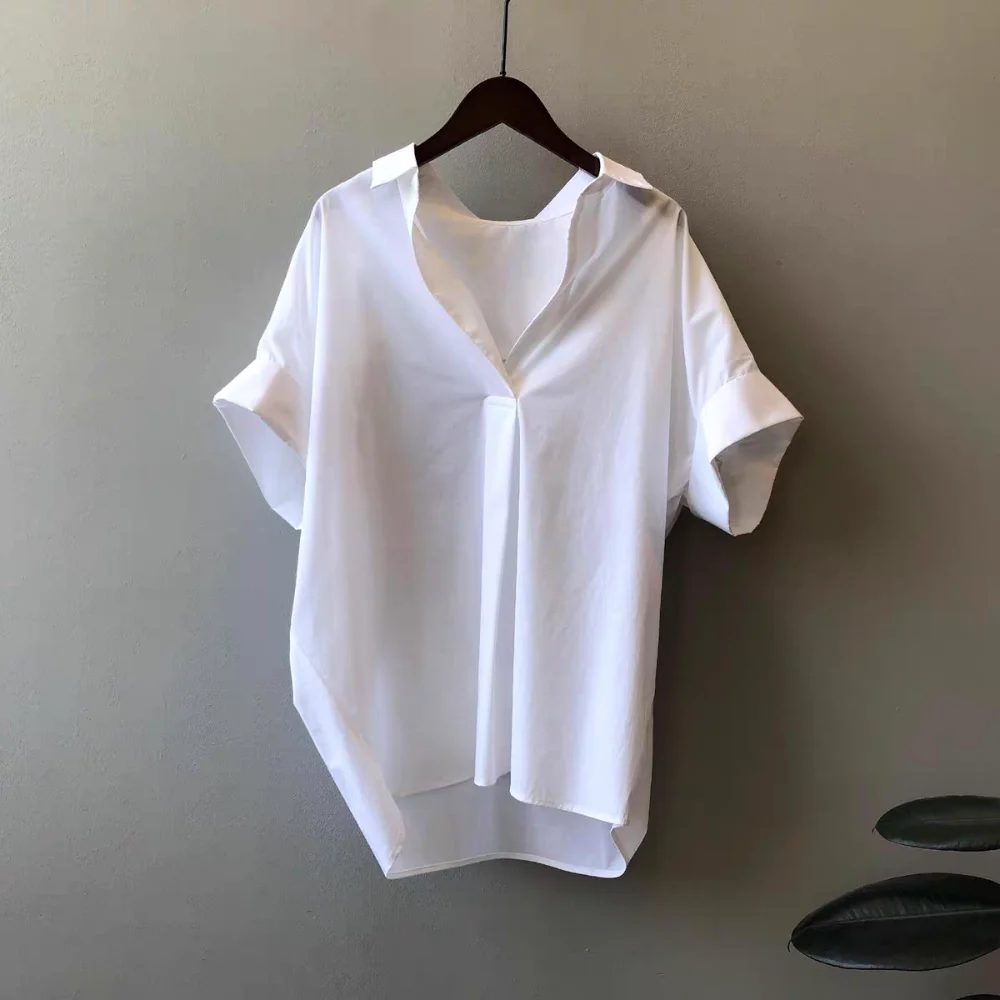 

Simple V-neck Flip Collar T-shirt Y2K Crop Top Short Sleeve Blouse Chic Loose Basic Tees Shirts Women Business Outfits