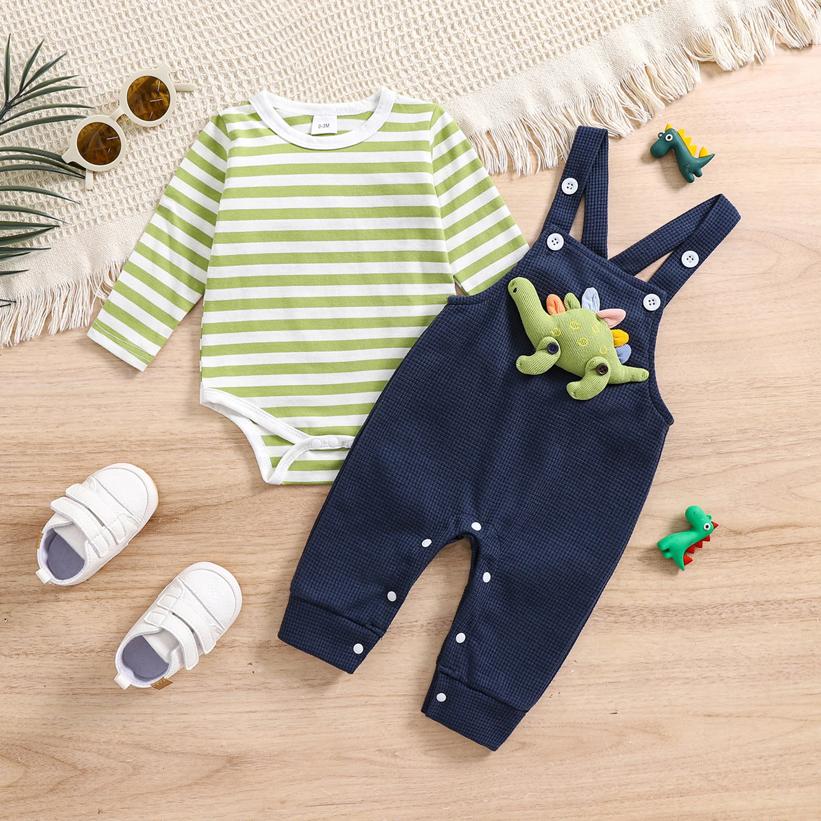 2 Piece Baby Boy Girl Outfit Set Cute Long Sleeve Striped Romper Dinosaur Waffle Overalls Jumpsuit Baby Boys Clothes Set