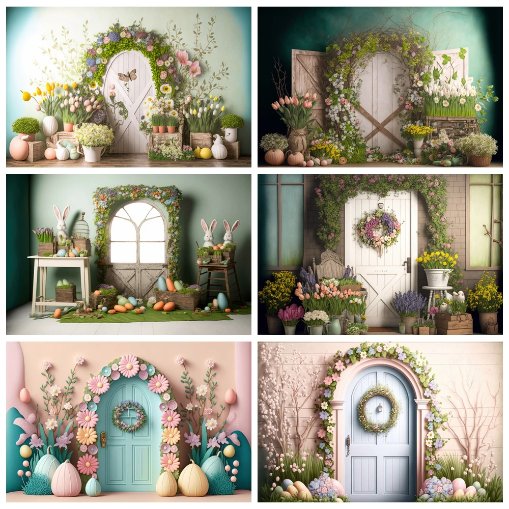 

Spring Happy Easter Day Photography Backdrop Retro Gray Wall White Door Flower Baby Shower Newborn Photographic Background Props