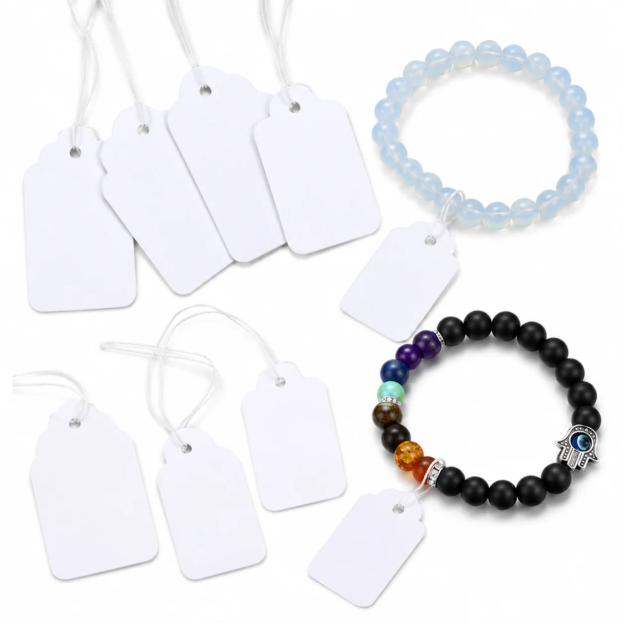100 Stück weiße leere Preisschilder mit Lanyard, Papier-Hängeetiketten für Schmuck, Ringe, Armbänder und Einzelhandelsdisplays – Detail 1