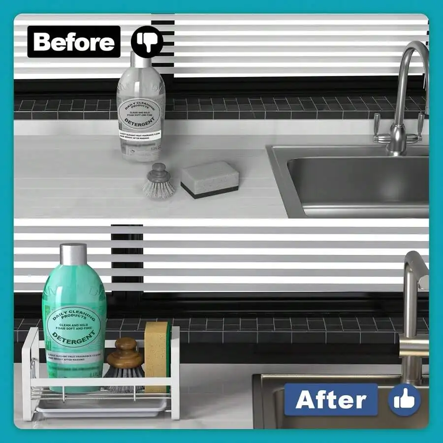 Kitchen Sink Organizer With Sponge Holder And Brush Rack Adhesive Or Countertop Mount