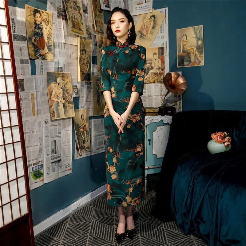 Old Shanghai Green Slim Cheongsam Frühling Sommer 2024 Neue Vintage Chinesischen Stil Temperament Junges Mädchen Kurzarm Qipao Kleid