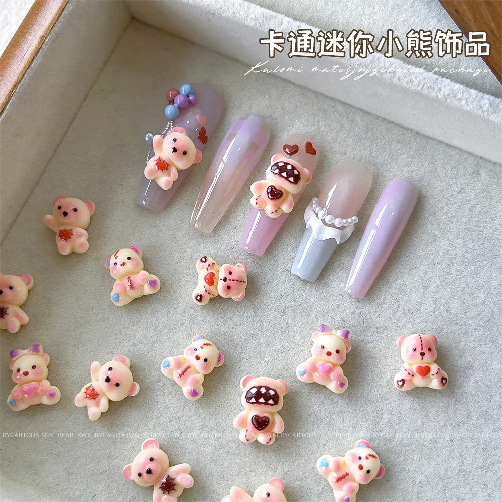 

10PCS Cartoon Mini Love Bear Nail Art Accessories Flat Bottom Bear Resin Nail Art Accessories for DIY Nails Decorations