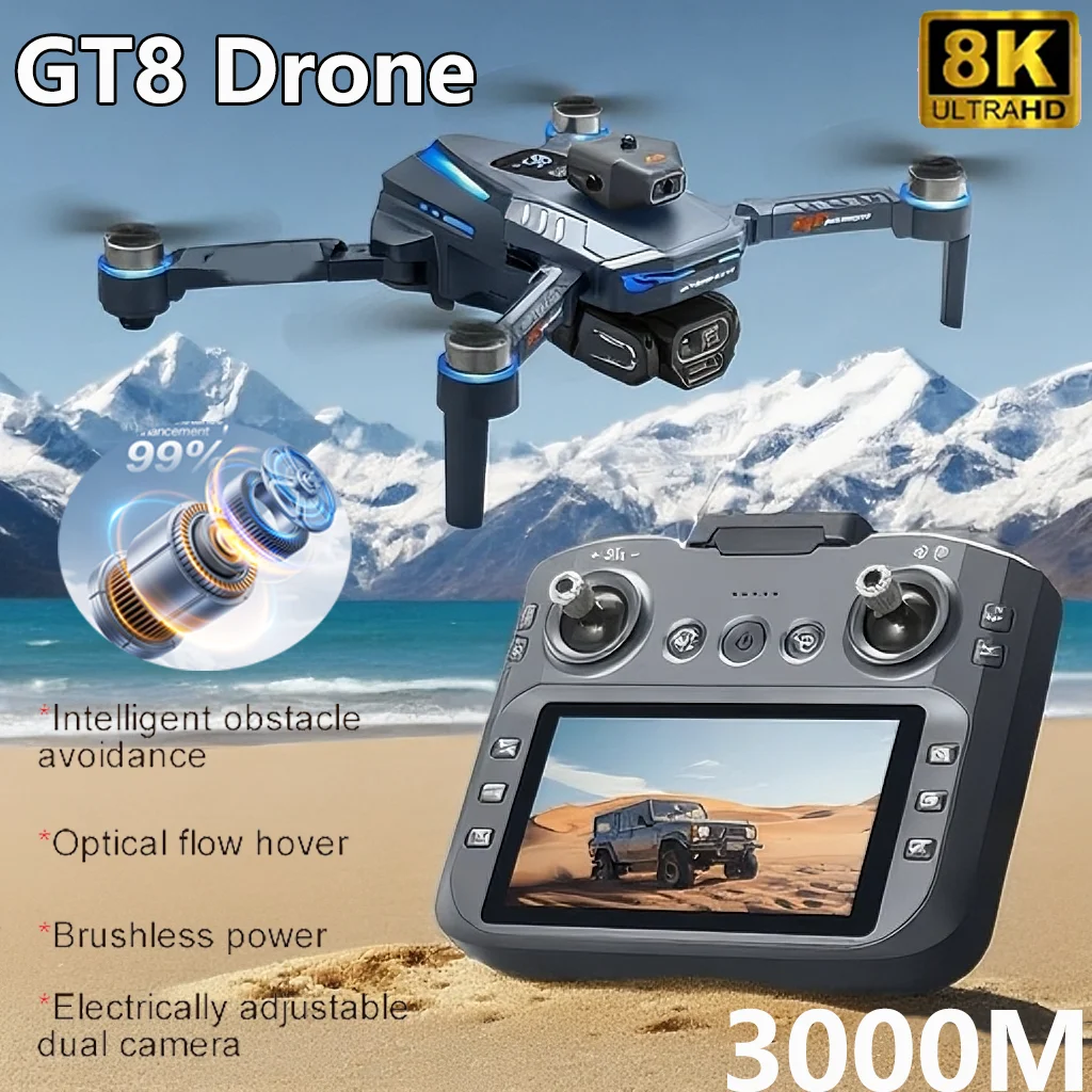 GT8-Drohne mit Hindernisvermeidungsgürtel, 4,3-Zoll-Bildschirm, bürstenloser Motor, optischer Fluss, 8K Dual-Kamera, faltbarer Quadrocopter, Spielzeuggeschenke