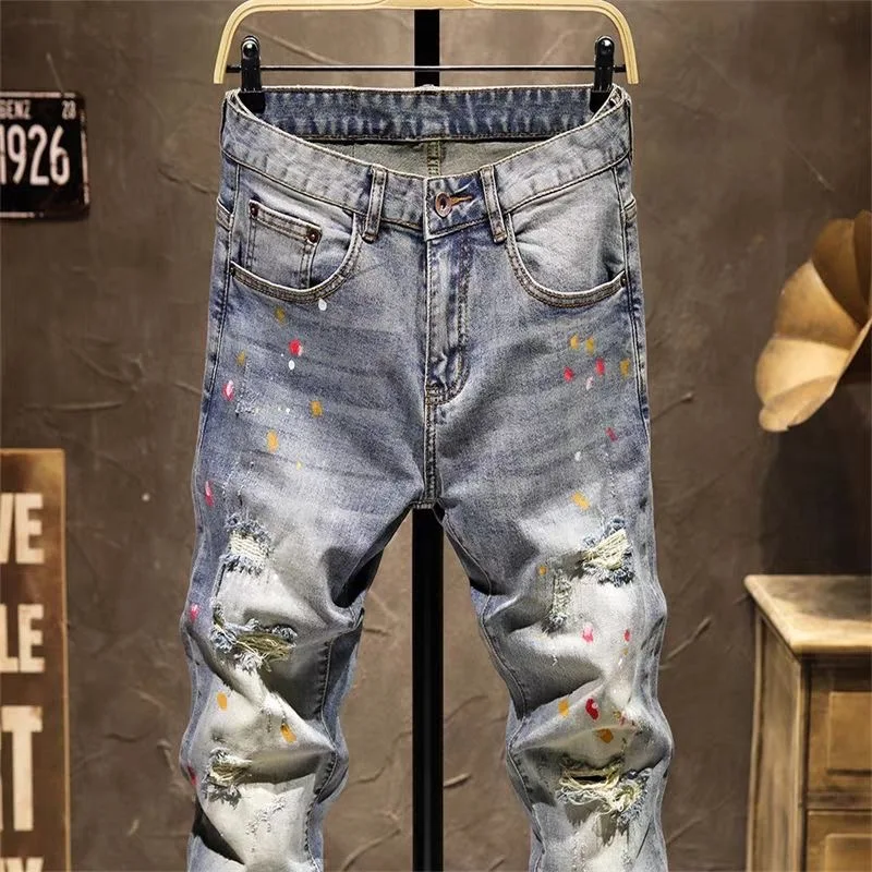 Jeans déchirés élastiques pour hommes, petites jambes, décontracté, mince, confortable, respirant, grande taille, printemps et automne, nouvelle tendance de la mode, 2024