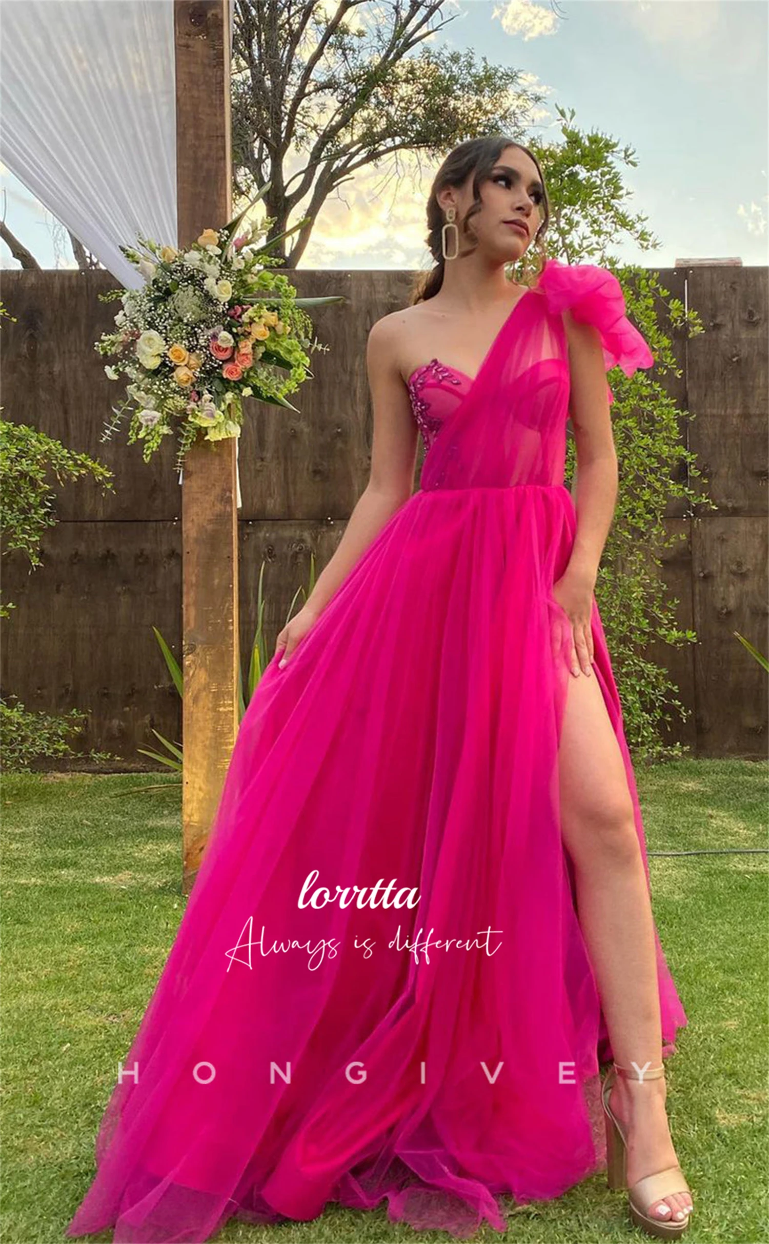 

Mesh Rose Red Line A Slit One Shoulder Sleeve Ball Gown Party Dress Evening Graduation Luxury Dresses Women 2024 Long Customized