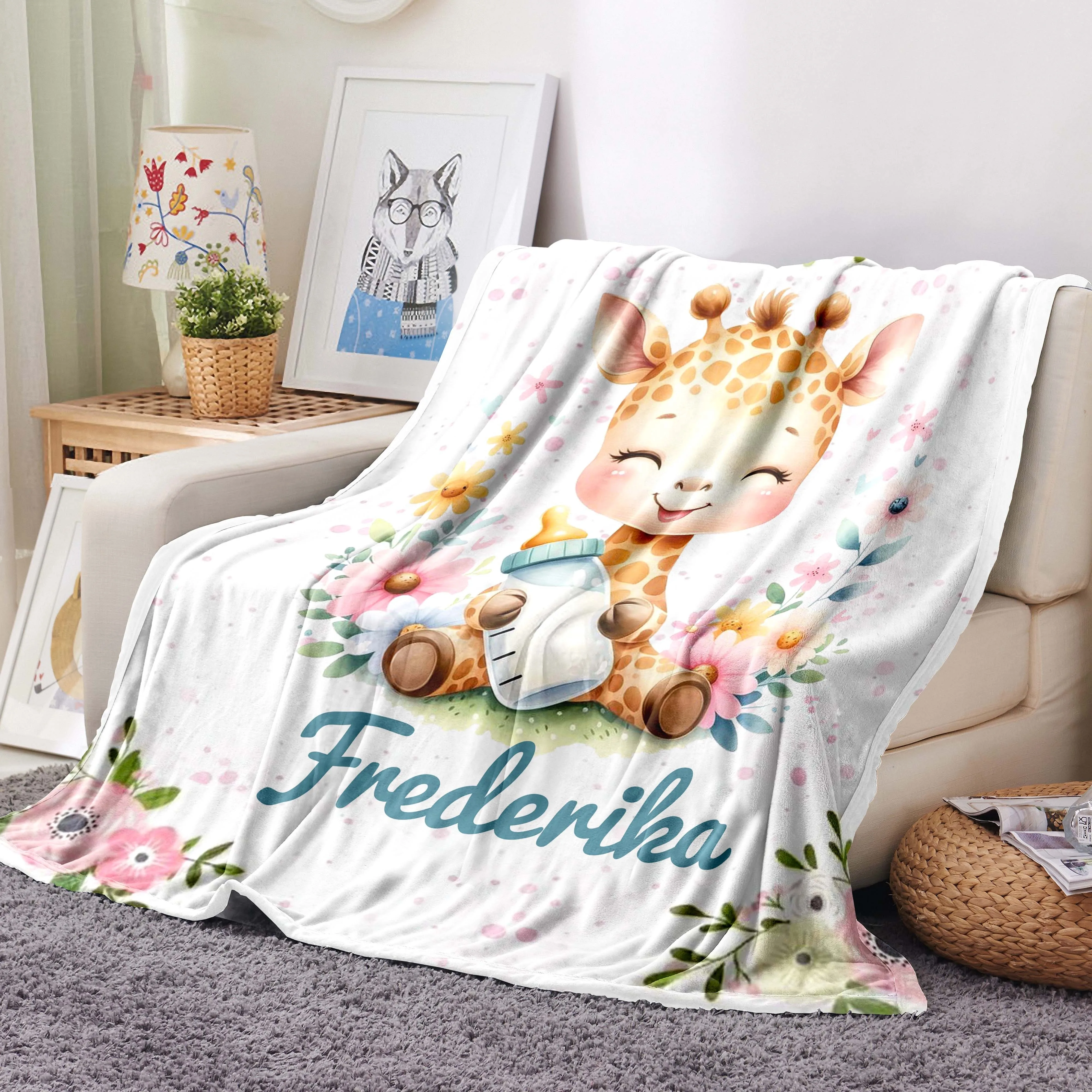 

Фланелевое одеяло с жирафом на заказ, всесезонный вязаный полиэстер с цифровой печатью, идеально подходит для внутреннего украшения.