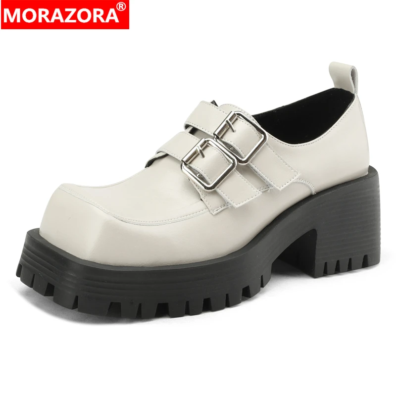 MORAZORA 2024 New Women's Genuine Leather Shoes Dubble Buckle Square High Heels Office Dress Shoes Ladies Pumps Platform Shoes