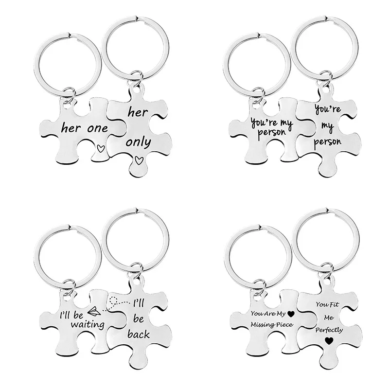 2Pcs/Set Letters Engraved Stainless Steel Keychains Couples Key Ring Puzzle Pendant Jewelry Gift For Valentine\'s Day