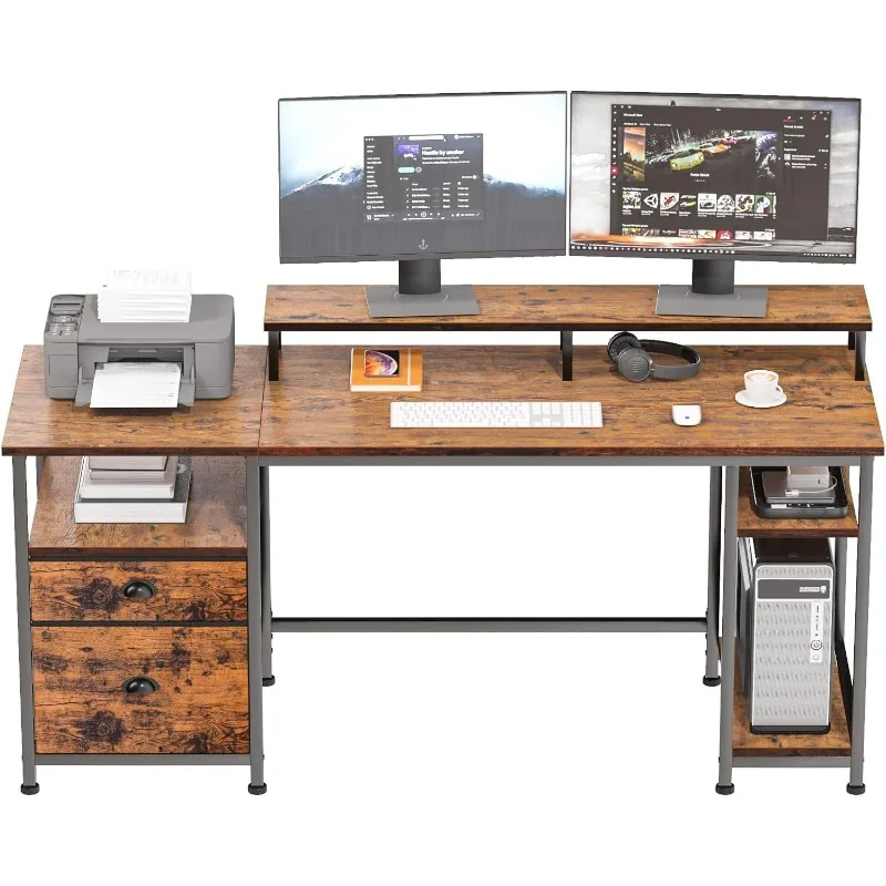 

Computer Desk with Shelves and Drawer, 61" Long Desk with Fabric File Drawer, Industrial Writing Desk with Large Monitor Stand