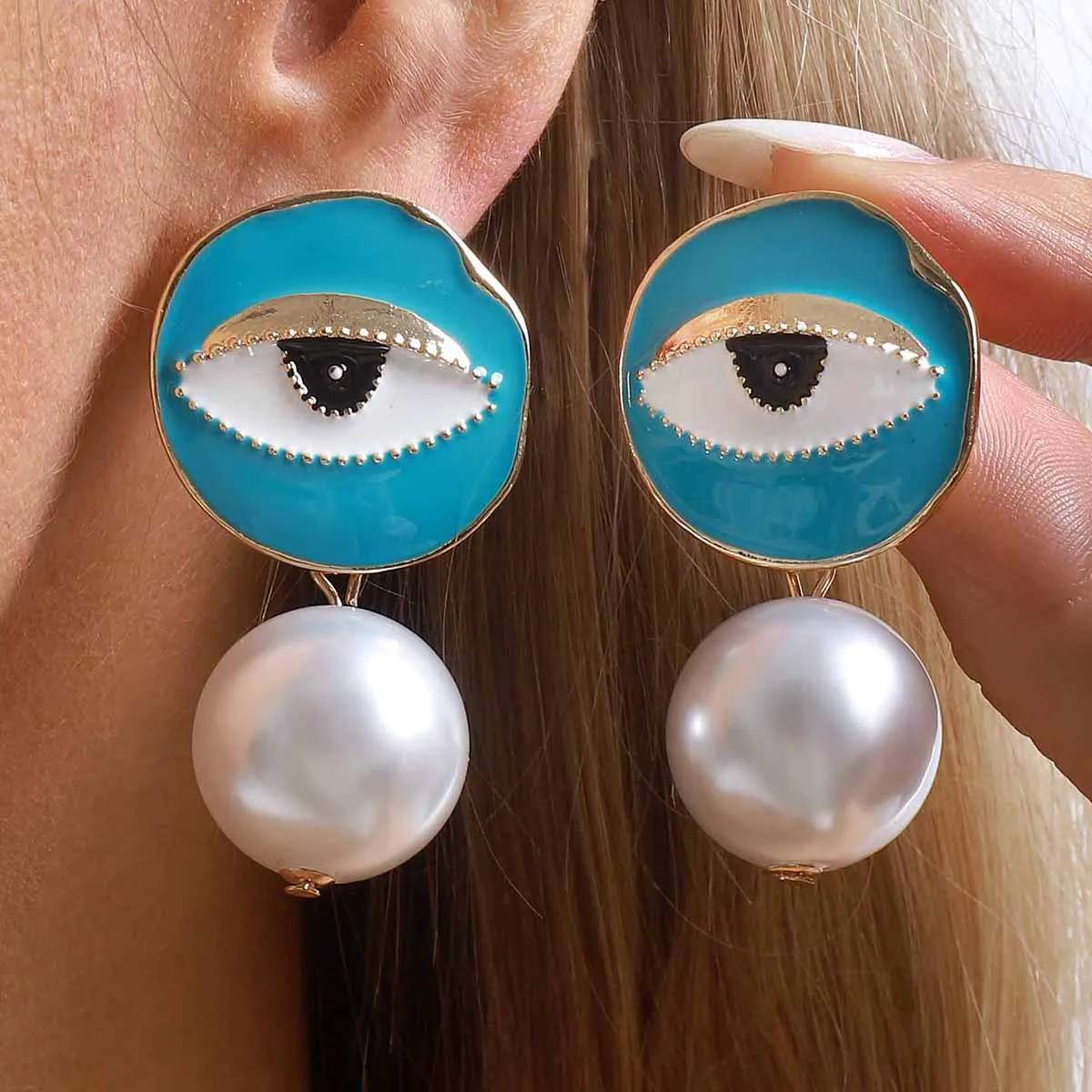 Exaggerated Blue Gaze Gold Trim Drop Pearl Bead Earring Mediterranean Style Statement Ear Stud Oversized Party Costume Jewelry