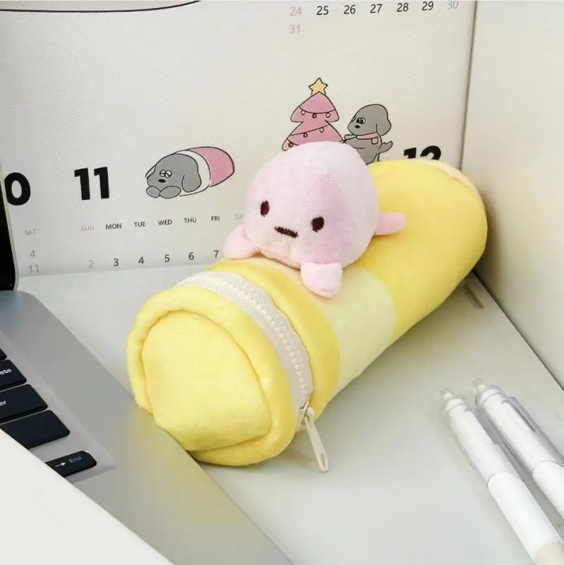 Japanese Anime Sumikko Gurashi Stationery Box Kawaii Cartoon Character Circular Plush Zipper Pencil Case Friend's Birthday Gift