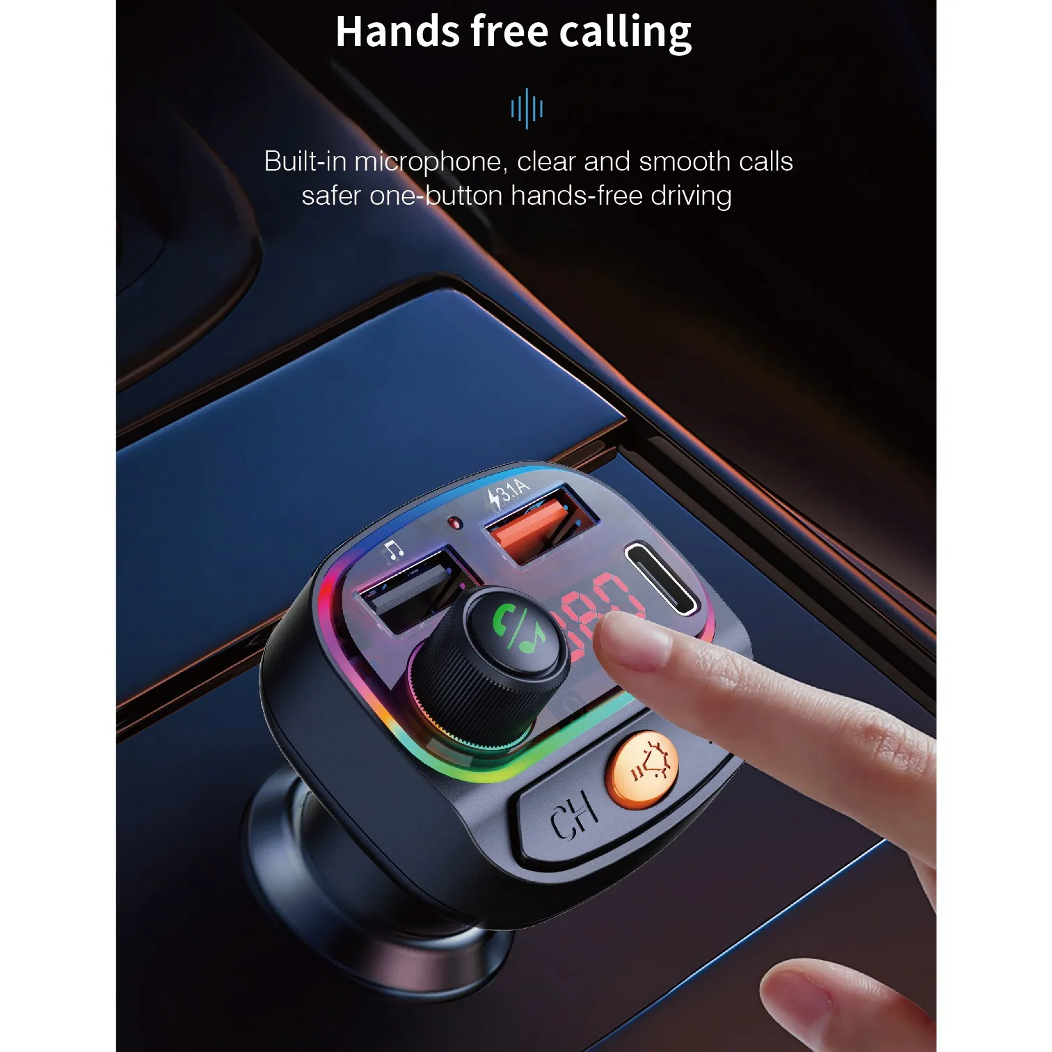 Bluetooth FM Transmitter for Car 3.1A Type-C Quick Charger 7 Color Backlit Car Radio MP3 Music Player C15 Black