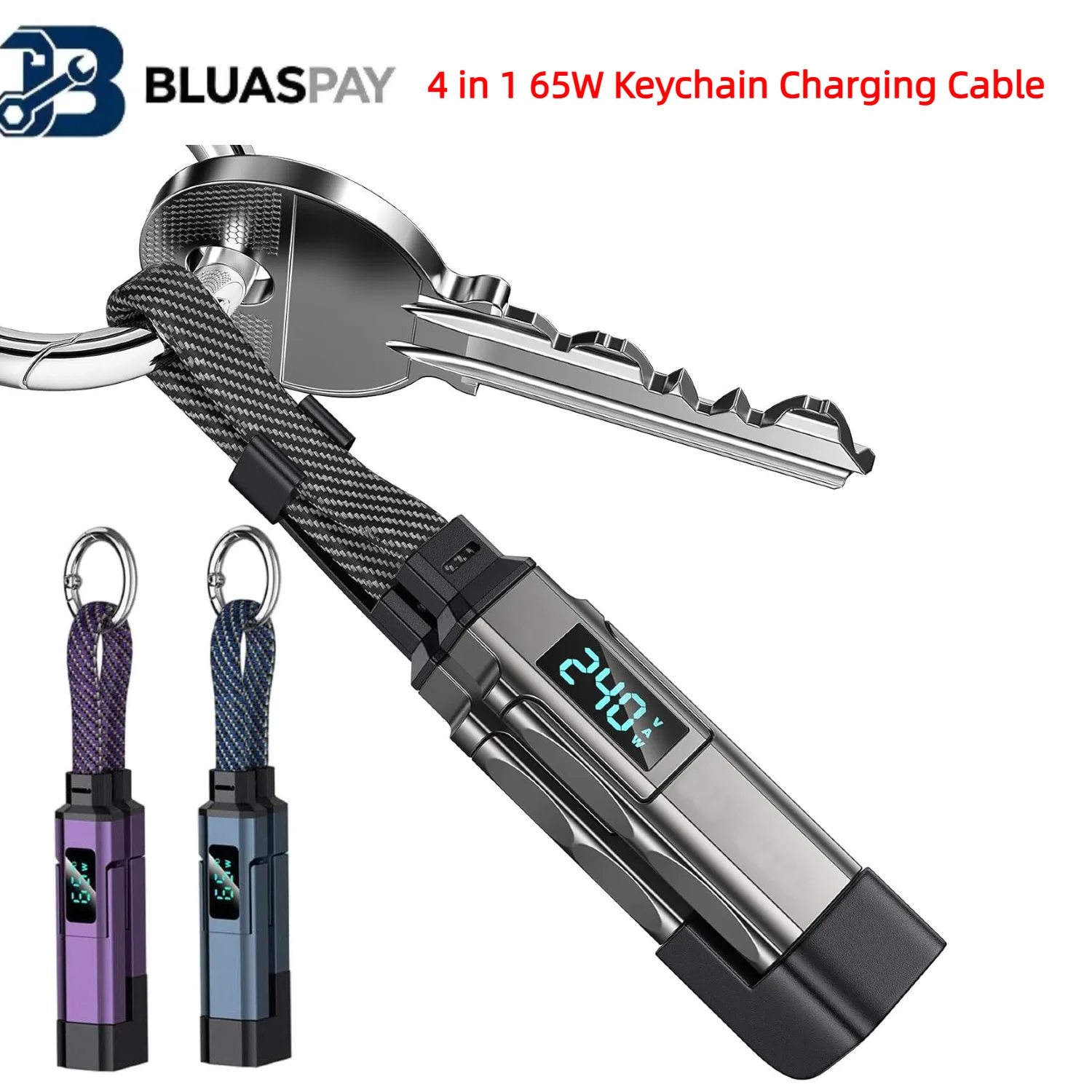 65W 4 in 1 USB C Keychain Cable with V/A/W Display Type C for Apple iPhone iPad Samsung Laptop Portable Cord