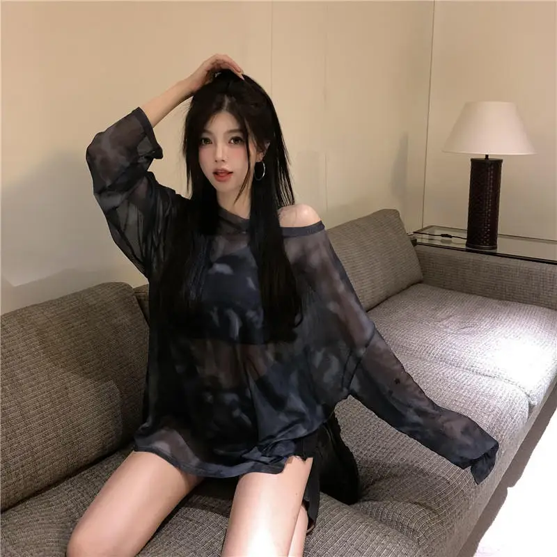 Women T-shirts Chic Tie Dye Sheer Loose Leisure Tops All-match Sunscreen Vintage Ulzzang Seductive Temper Trendy Summer New 2024