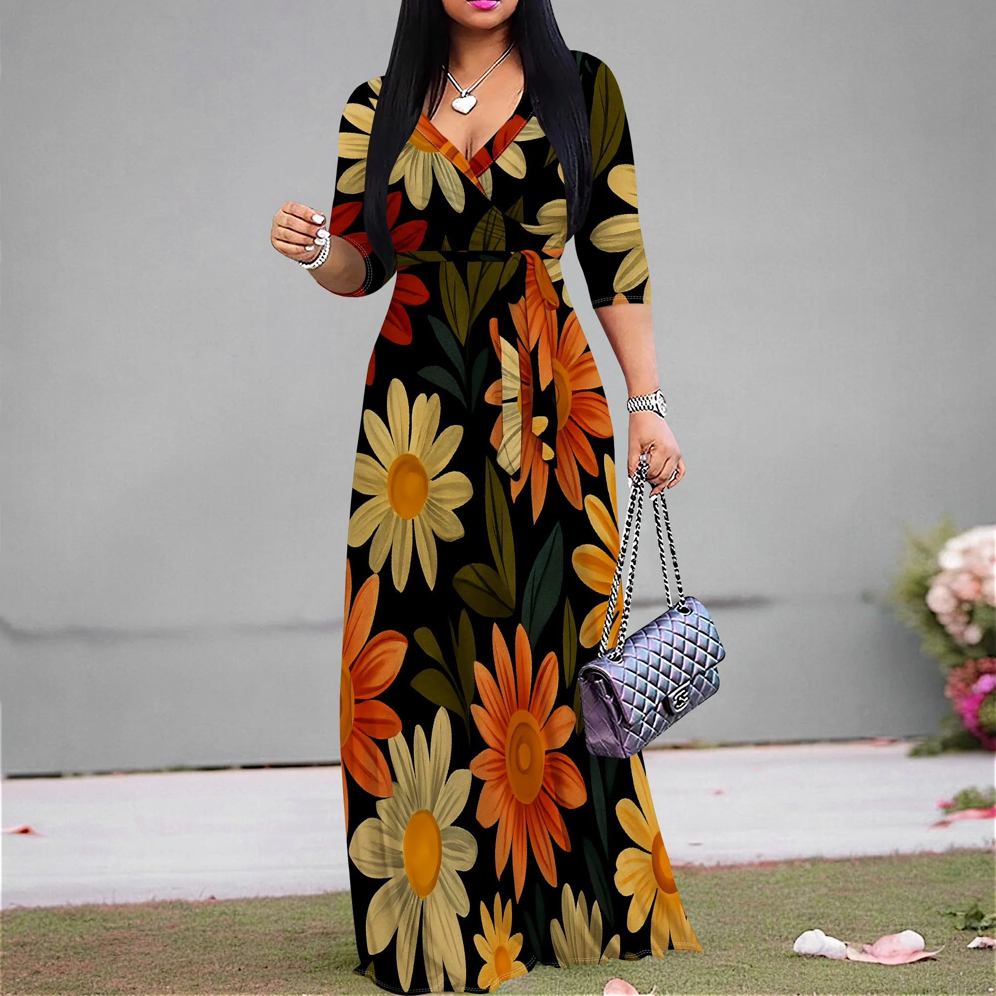 

Women's Floral Maxi Dress V Neck 3/4 Sleeve Elegant Summer Party Long Dress for Ladies Plus Size XS-3XL