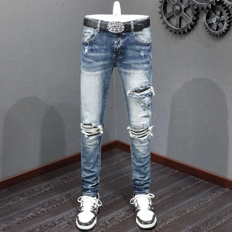 

High Street Fashion Men Jeans Retro Blue Stretch Skinny Fit Ripped Jeans Men Leather Patched Designer Hip Hop Brand Pants Hombre