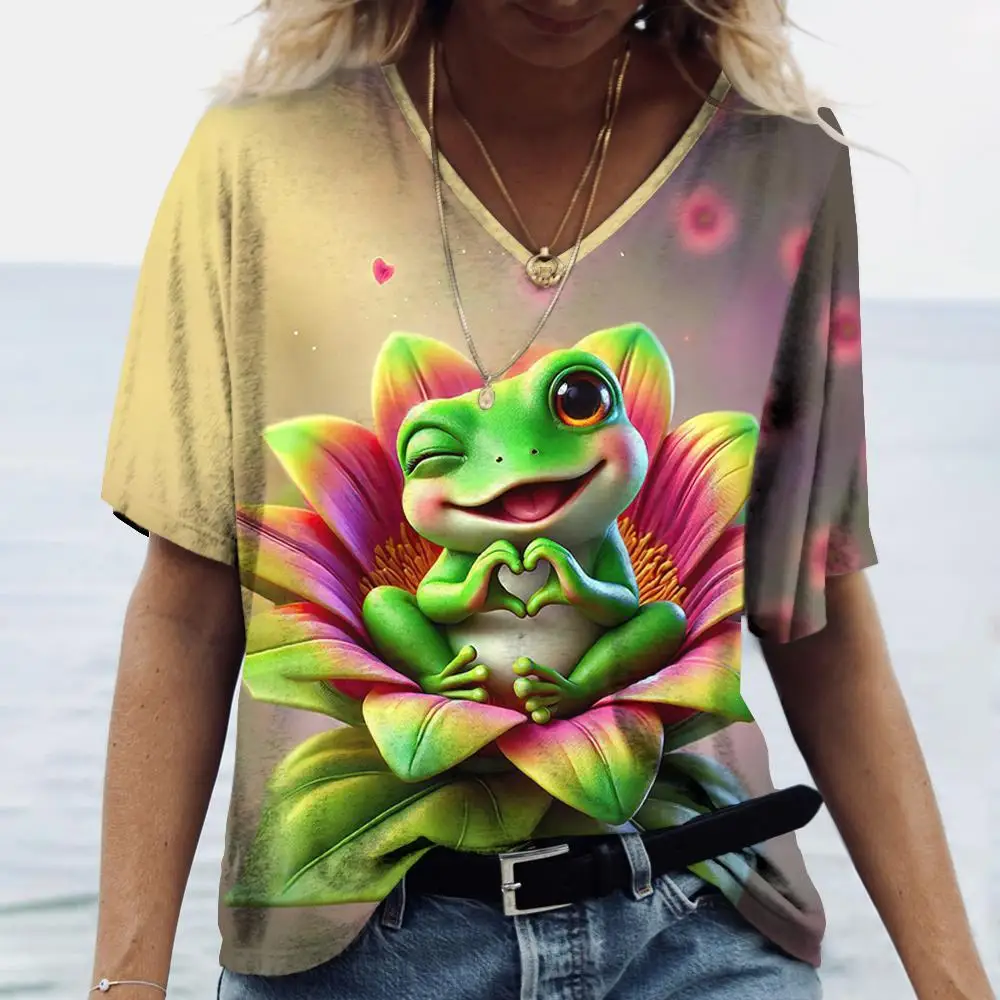 Frog Floral Pattern 3D Print T-Shirts Women Streetwear V-Neck Short Sleeve T Shirt Y2k Harajuku Tees Casual Tops Female Clothing