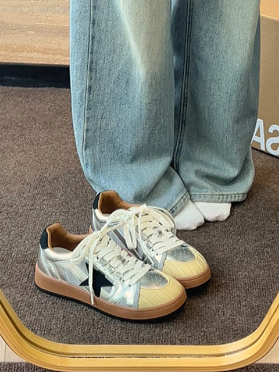 

Кожаные кроссовки со звездами, женские повседневные универсальные классические Y2K Faionable Dequan oes, удобные универсальные кроссовки на плоском каблуке с резиновой подошвой