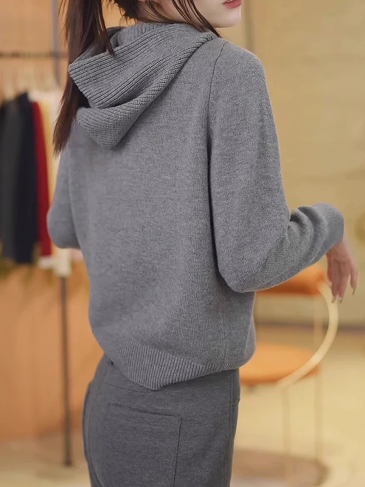 مقنعين سترة مشغولة من الصوف طويلة Sve عادية مريحة تصميم بسيط اللون جديد Sle المرأة سترة Jaet تخفيف Sle #3