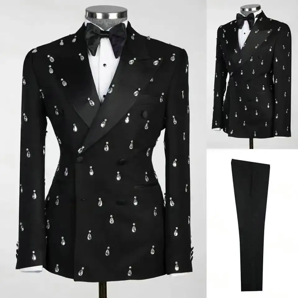 

Black Crystals Men Suits Set 2 Piece Blazer+Pant Double Breasted Wedding Tuxedos Customized Formal Male Party Jacket Pants