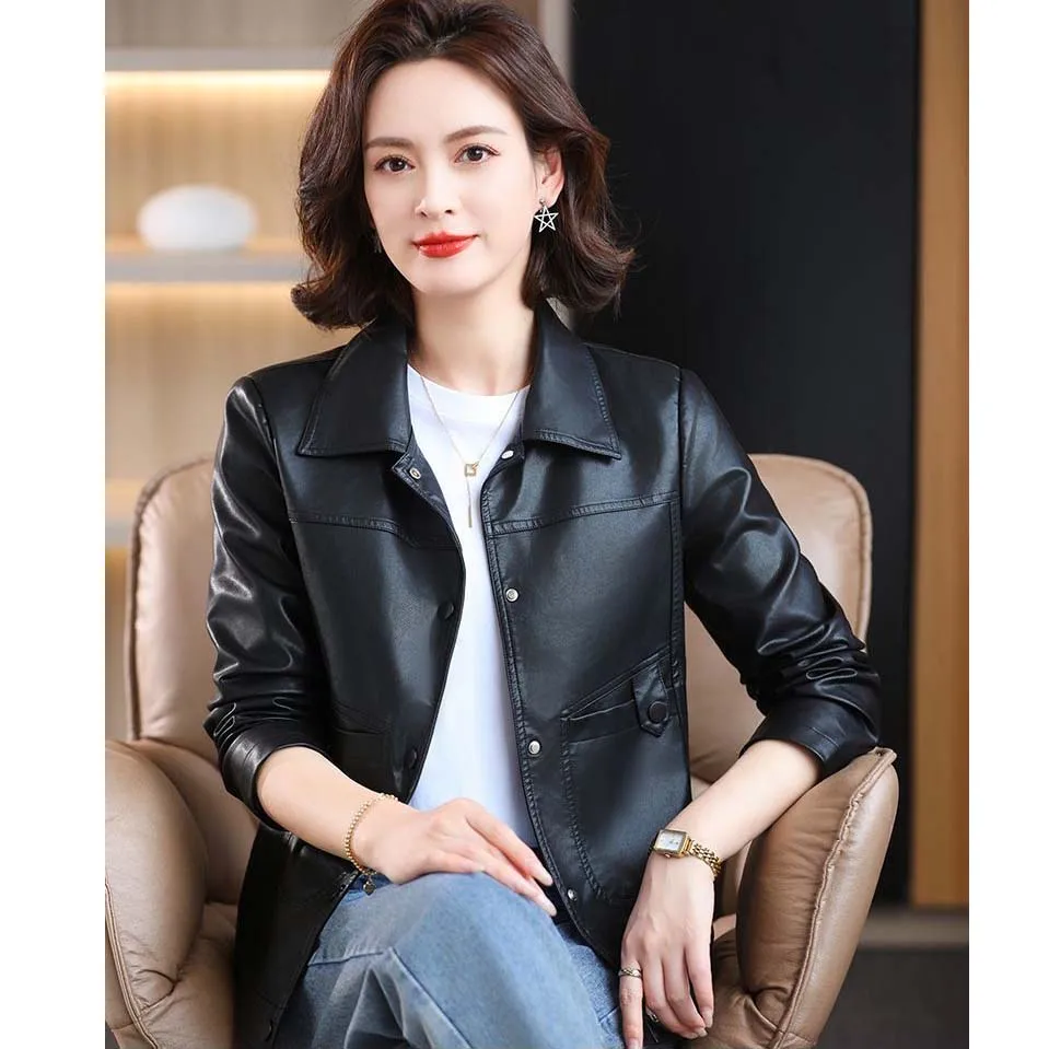 Female Leather Jacket Women's 2024 Spring Autumn New Popular Fashion Loose Fit Plus Size 4XL Versatile Leather Jackets Top Yello