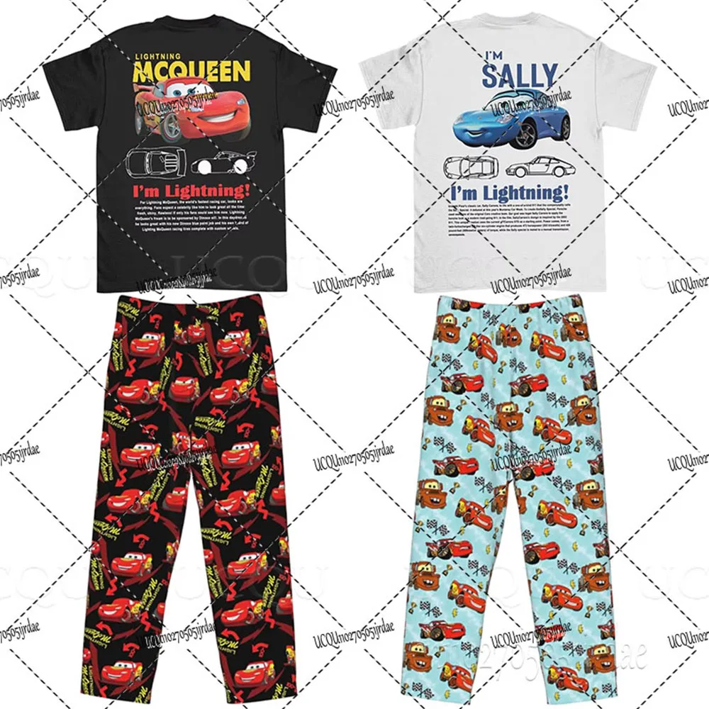 

Хлопковая футболка The Cars Lightning McQueen&SALLY + пижамные штаны для мужчин, костюмы большого размера, мужская и женская одежда для пар, рождественские подарки
