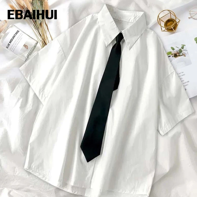 

EBAIHUI White Short Sleeve Shirts Men with Tie Japanese Preppy Blouse Solid Loose Summer Male Simple Unisex Blusas