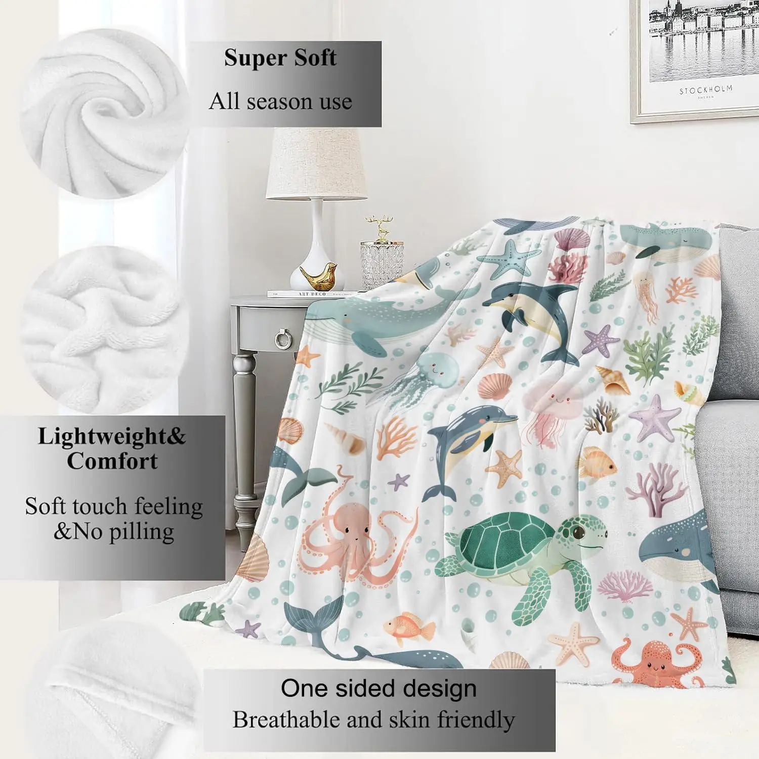 Coastal Ocean Marine Life Watercolor Throw Blanket Tapestry Nautical Sea Creatures Decor Gift for Home Room Accent