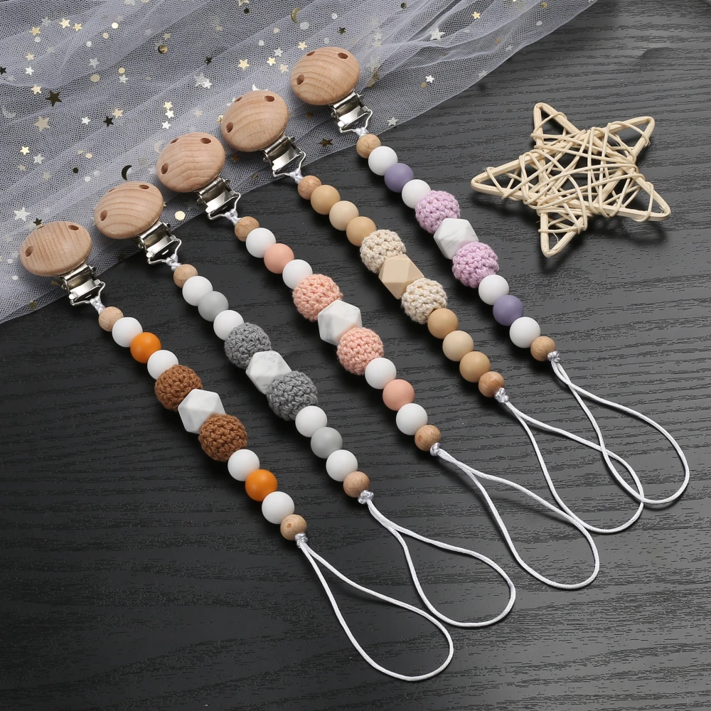 Beech Wood Round Baby Pacifier Clip Wooden Felt Ball Pacifier Chain Silicone Beaded Baby Nipple Dummy Holder Chain Care Chew Toy