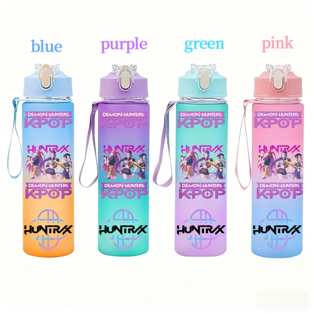 750 مللي KPop شيطان الصيادين زجاجة ماء مع القش هنتركس رومي ميرا زوي الكرتون المشي لمسافات طويلة المحمولة شرب زجاجات المشجعين الهدايا