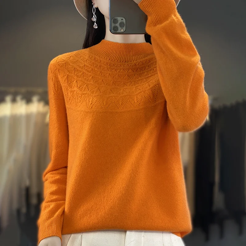 

High-end new 100% pure sweater women's semi-high round neck pullover sweater hollow slim fit cashmere sweater