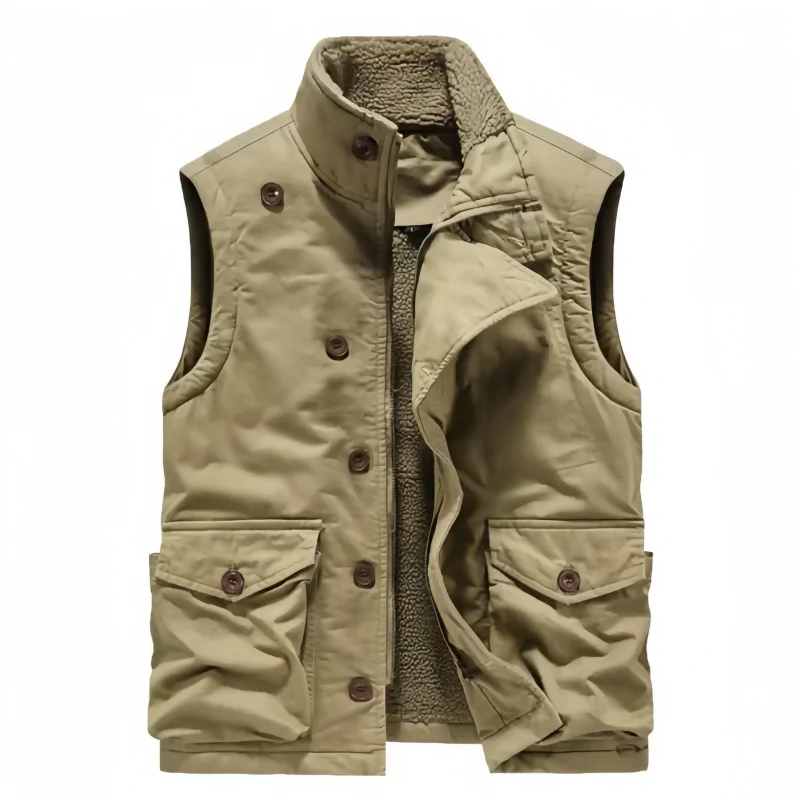 European and American Retro Pure Cotton Canvas Men's Vest, Autumn and Winter Thickened Lamb Wool Vest with Multiple Pockets, Workwear Gilet Jacket