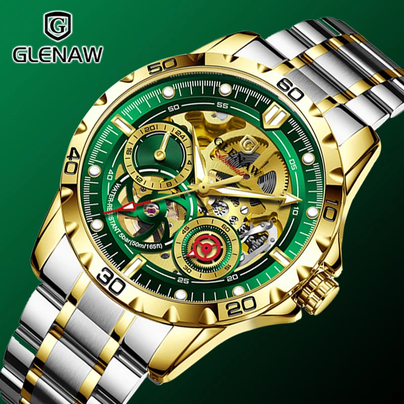 

Новые роскошные механические часы GLENAW 2025 года для мужчин, с ремешком из нержавеющей стали, ночной подсветкой, 24-часовым дисплеем, водонепроницаемые, автоматические