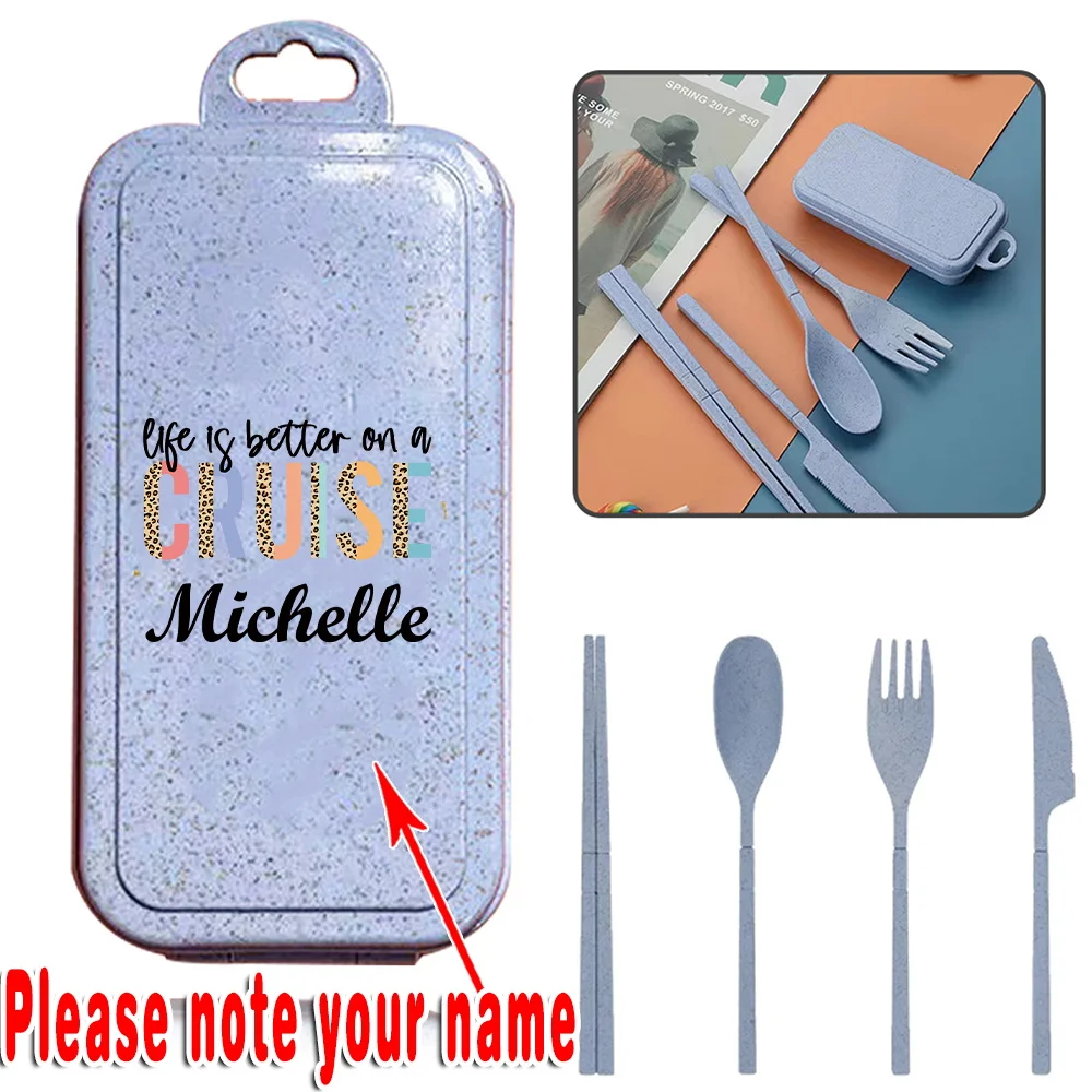 

Customized Name 4 PCS Wheat Straw Cutlery Kit Portable Utensils With Case Durable Silverware Set Travel Fork Knife Organizer Box