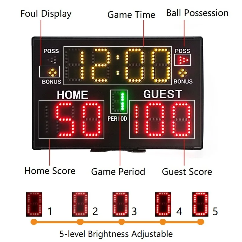 لوحة نتائج كرة السلة الرقمية الإلكترونية GANXIN Por LED مع جهاز تحكم عن بعد على مدار الساعة للتنس/كرة القدم/ألعاب الكرة الطائرة