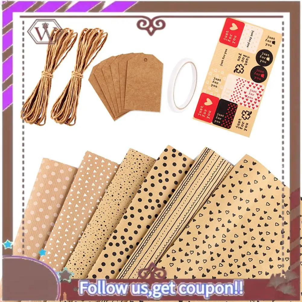 ورق تغليف الهدايا ABBG-Kraft، ورق تغليف عيد الميلاد، 6 أوراق ورق تغليف بني كرافت مع علامات أوتار الجوت والملصق
