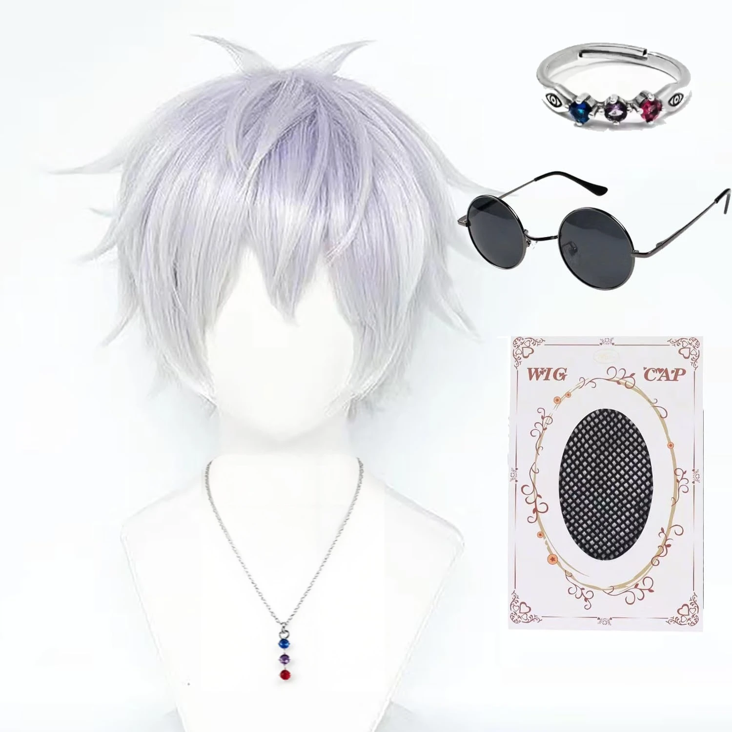

Cosplay Wig with Black Glasses,White Short Anime Wig Silver Costume Party Hair with Cap for Cosplay,Matching rings and necklaces