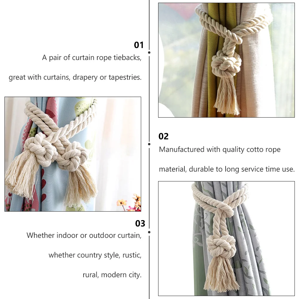 2 fermacravatte per tende con nappe retrò, corda di cotone, fibbia per tende rustiche lavorate a maglia beige per tende da interno ed esterno, corda di cotone